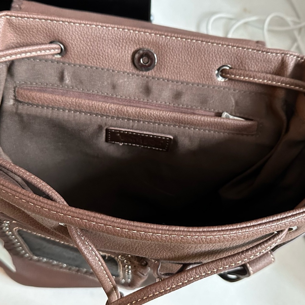 Montana West Brown Floral Embossed Backpack with Fur Flap - Picture 2 of 4